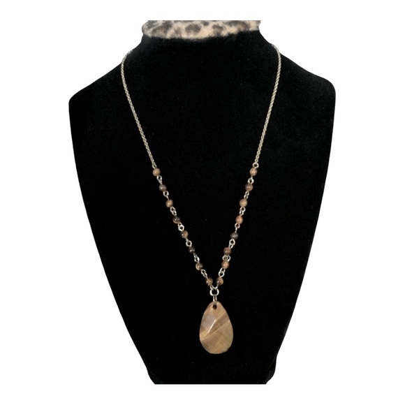 Tiger Eye Necklace Gold Tone Faceted Teardrop Stone Pendant And Beaded Chain - Picture 1 of 7